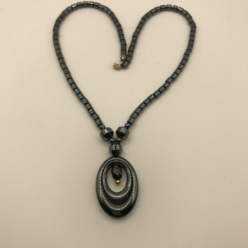 Hematite Necklace 16 inch Necklace with Oval Pendant gold accent NEW